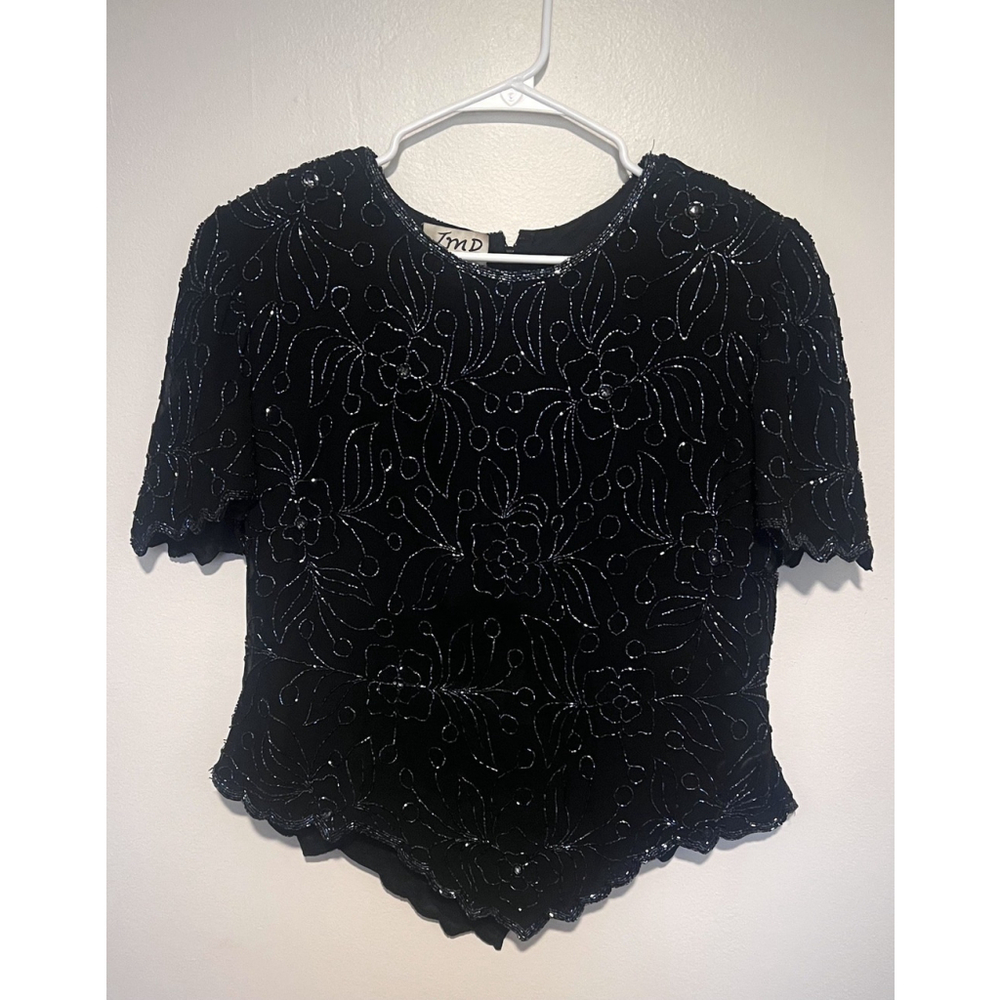 Vintage JMD New York Beaded Blouse Womens XL Black Bling Short Sleeve Party Top